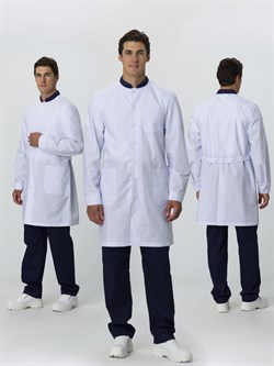 Халат мужской Симпл-001 (тк.Смесовая,120) MedLine, белый/т.синий - фото 92441