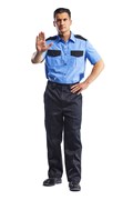 Рубашка "Охранник" голубой/черный (короткий рукав) 130 г/м.кв, 65%ПЭ+35%ХБ, ВО, Ти-Си  РУБ500